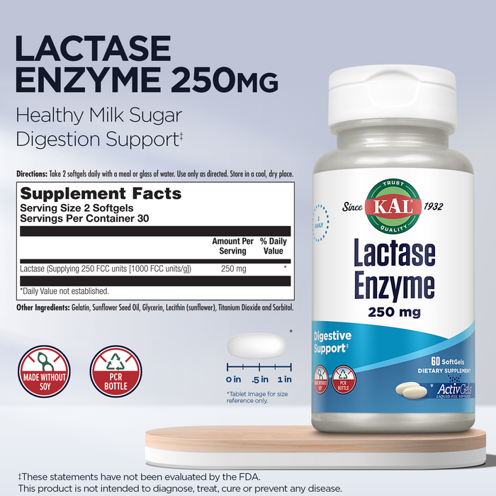 KAL Lactase Enzyme 250 mg, Healthy Digestion Support for Lactose Intolerance, Liquid-Filled ActivGels Made Without Soy, 250 FCC Units, 30 Servings, 60 SoftGels