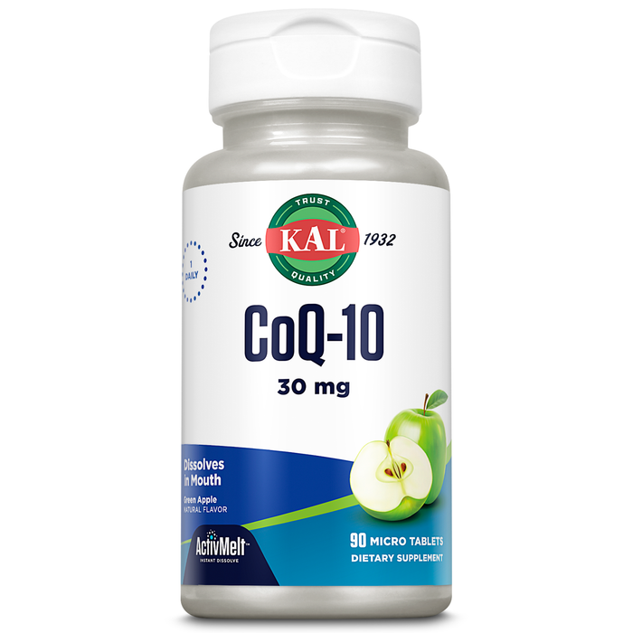 KAL CoQ10 30mg, Antioxidant Formula, CoEnzyme Q10 Supplement for Heart Health and Cellular Energy Support, Fast-Dissolving ActivMelts, Vegetarian, Natural Green Apple Flavor, 90 Serv, 90 Micro Tablets