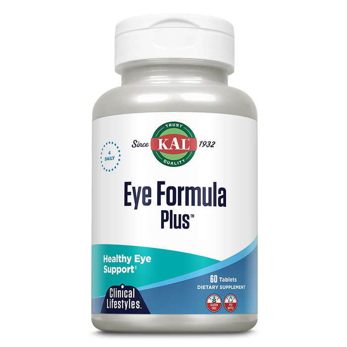 KAL Eye Formula Plus, Eye Care and Vision Supplements for Adults, with Eye Vitamins Lutein and Zeaxanthin, Plus Bilberry Extract, Goji and Blueberry Extract, 60-Day Guarantee, 15 Servings, 60 Tablets