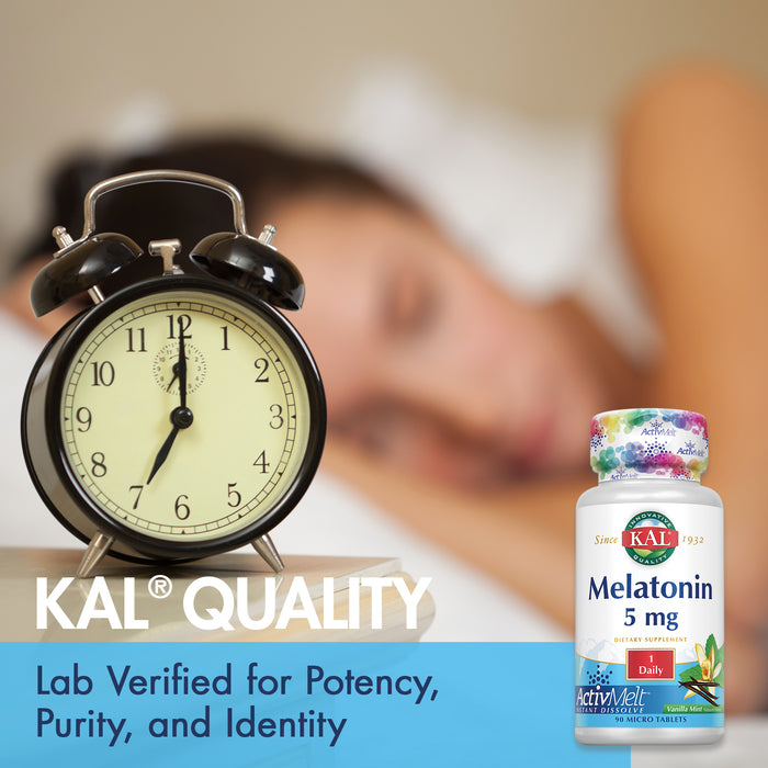 KAL Melatonin 5mg Sleep Aid, Melatonin Supplement Supports Calming Relaxation and a Healthy Sleep Cycle, Fast Dissolving ActivMelts, Natural Vanilla Mint Flavor, Vegetarian, 90 Serv, 90 Micro Tablets