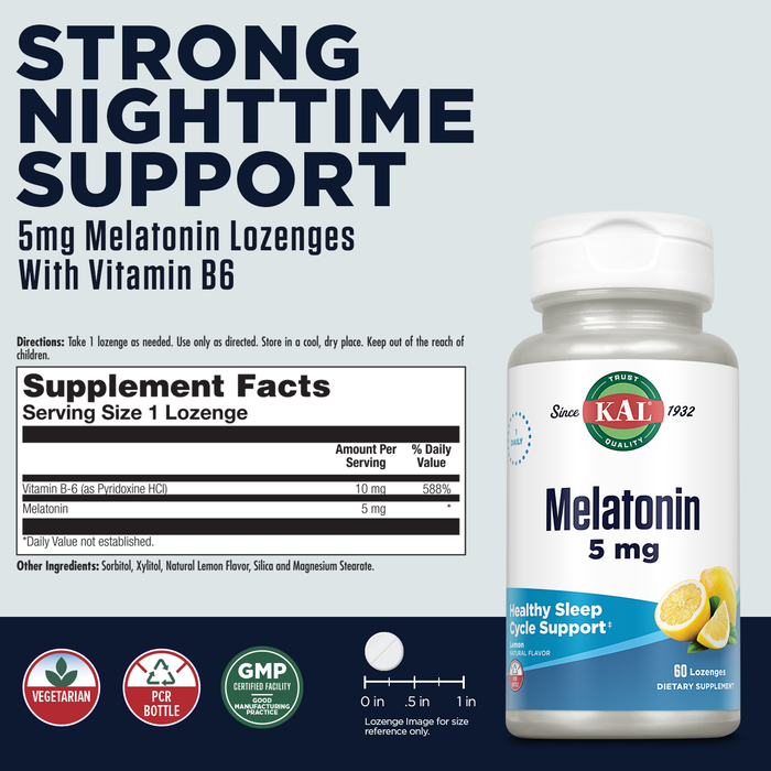 KAL Melatonin 5mg Sleep Aid Lozenges, Melatonin Supplement Supports Sleep Quality, Calming Relaxation and a Healthy Sleep Cycle, with Added Vitamin B6, Vegetarian, Natural Lemon Flavor, 60 Lozenges