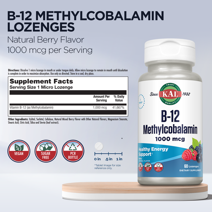 KAL B-12 Methylcobalamin 1000 mcg Micro Lozenges | Natural Berry Flavor | Healthy Metabolism, Energy, Nerve & Red Blood Cell Support | 60 Lozenge