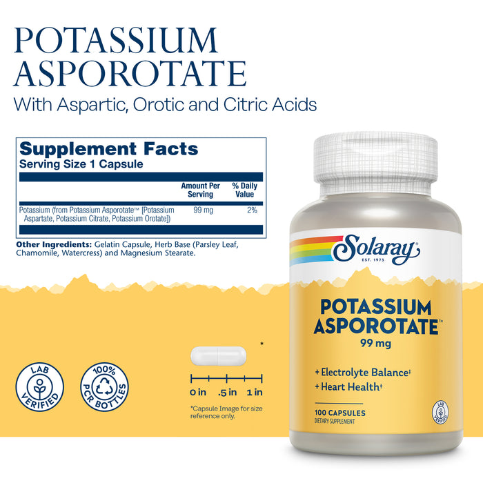 Solaray Potassium Asporotate Chelated Supplement, Electrolyte Balance & Heart Health Support, 100 Servings, 100 Capsules