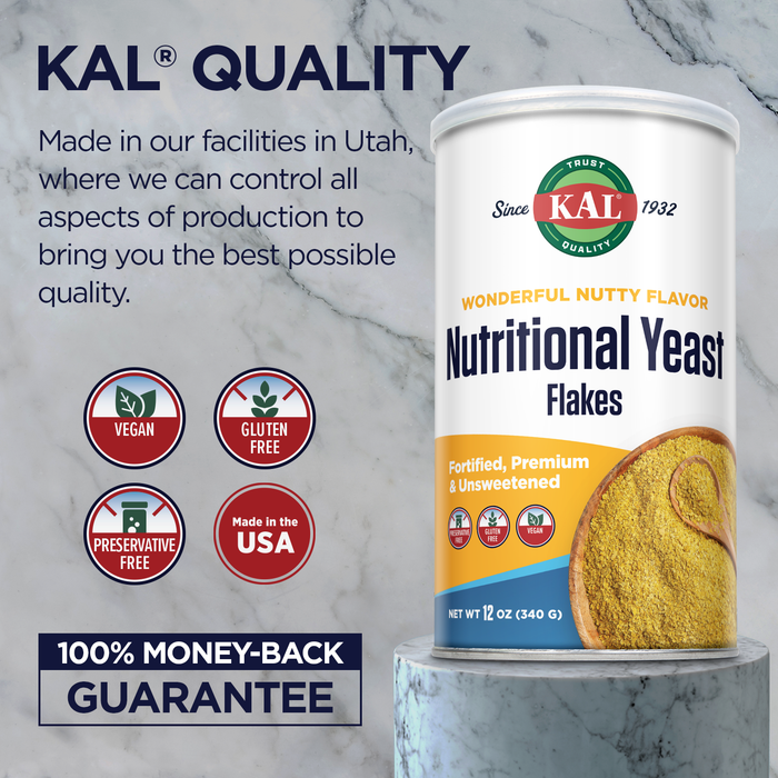 KAL Nutritional Yeast Flakes, Fortified with B12, Folic Acid & Other B Vitamins, Unsweetened, Great Nutty Flavor, Vegan & Gluten Free, 60-Day Money Back Guarantee, Made in the USA (34 Servings, 12oz)