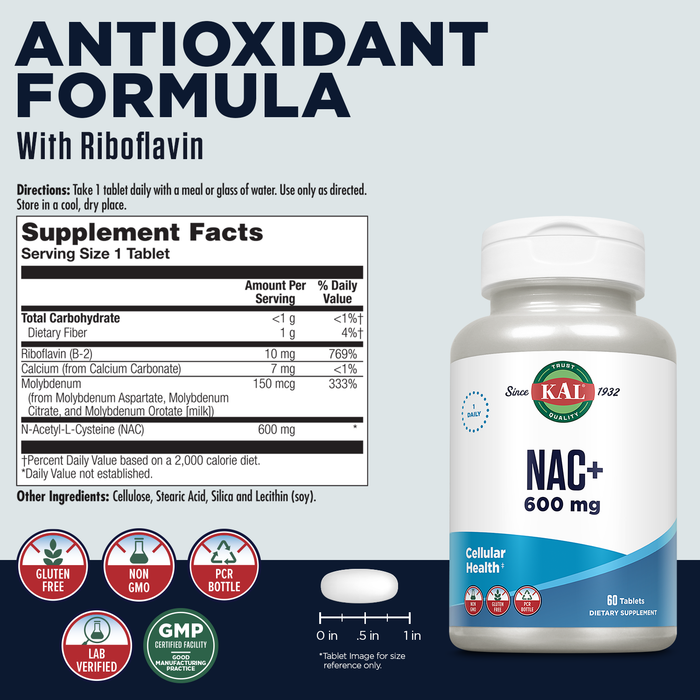 KAL NAC 600 mg Plus Riboflavin (Vitamin B2), N-Acetyl Cysteine NAC Supplement, Cellular Health and Immune Support, Gluten Free, Non-GMO, Rapid Disintegration, 60-Day Guarantee, 60 Servings, 60 Tablets