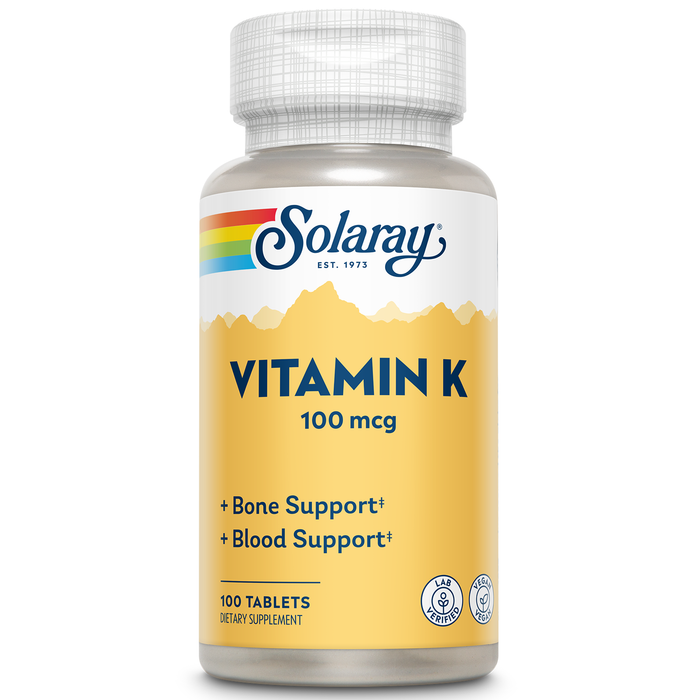 Solaray Vitamin K-1 100mcg | Healthy Bone Structure, Blood Clotting, Protein Synthesis Support | Non-GMO, Vegan & Lab Verified | 100 Tablets