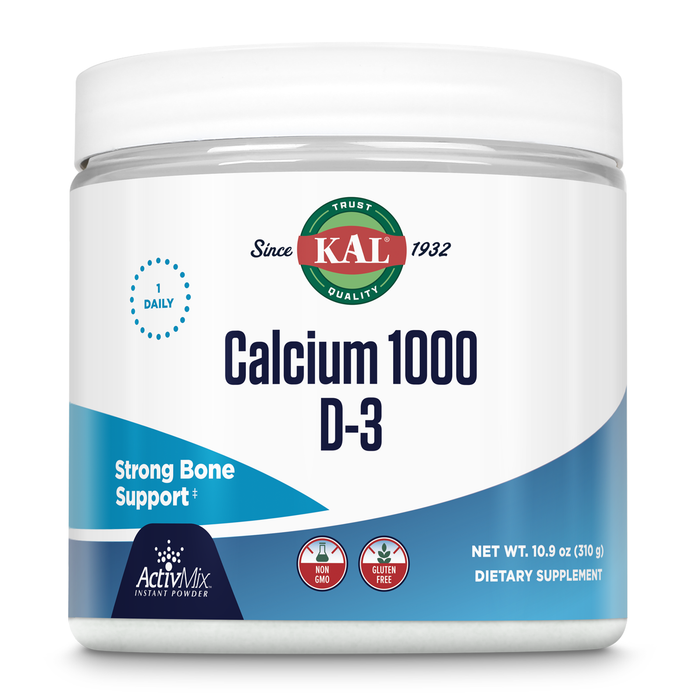 KAL Calcium Vitamin D-3 ActivMix, Powder Calcium Supplement, Bioavailable Calcium Lactate and Gluconate, Bone Health Support, Unflavored, Non-GMO, Gluten Free, 60-Day Guarantee, 31 Servings, 10.9 oz