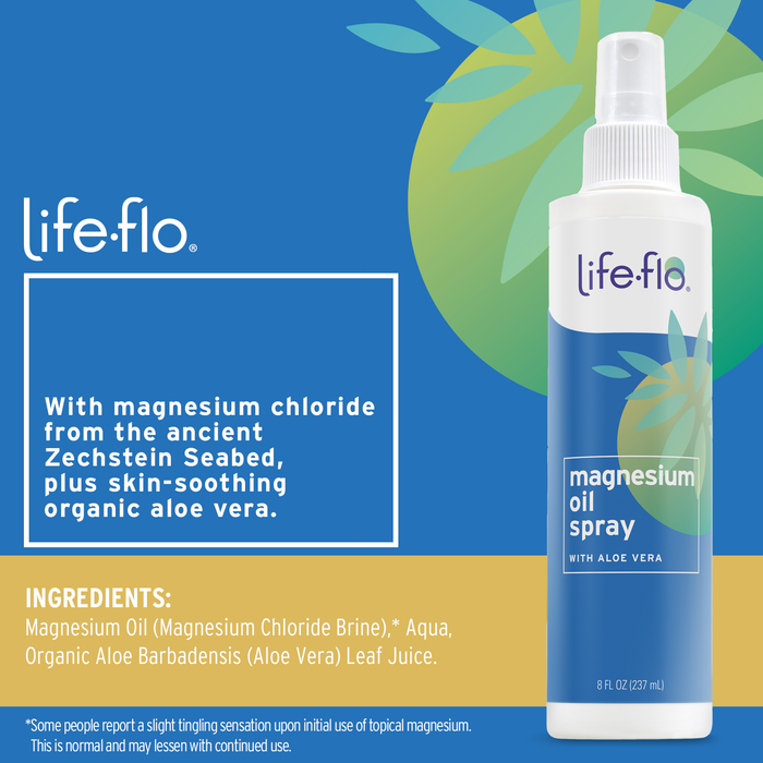 Life-flo Magnesium Oil Spray with Organic Aloe Vera, Magnesium Chloride Spray from Zechstein Seabed, Calms and Relaxes Muscles and Joints, Soothes Skin, 60-Day Guarantee, Not Tested on Animals, 8oz