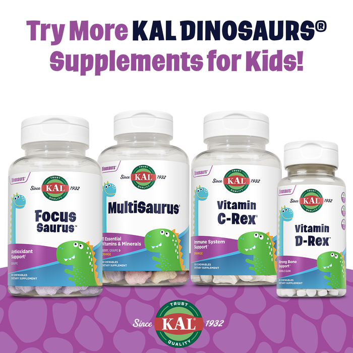 KAL Focus Saurus Chewables - GABA and Antioxidant Focus Supplement for Kids - Vitamin C, Green Tea, B Vitamins, Amino Acids, Fun Dinosaur Shapes, Gluten Free, 60-Day Guarantee, 30 Serv, 30 Grape Chews