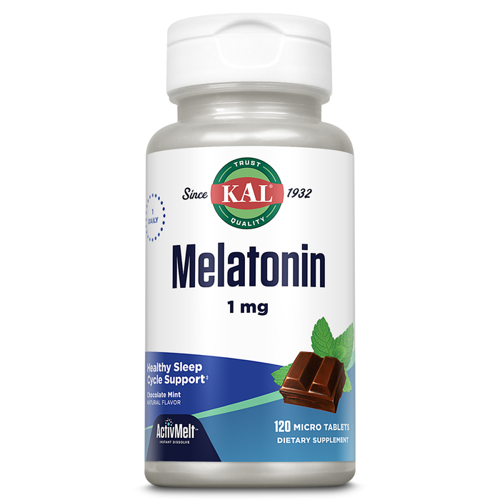 KAL Melatonin 1mg Sleep Aid, Melatonin Supplement Supports Calming Relaxation and a Healthy Sleep Cycle, Fast Dissolving ActivMelts, Natural Chocolate Mint Flavor, Vegetarian, 120 Serv, 120 Micro Tabs