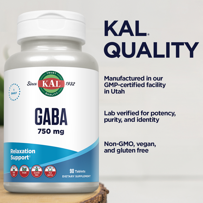 KAL GABA Supplement, GABA Supplements, Vegan, Non-GMO, Gluten Free, Lab Verified, 90 Servings, 90 Tablets