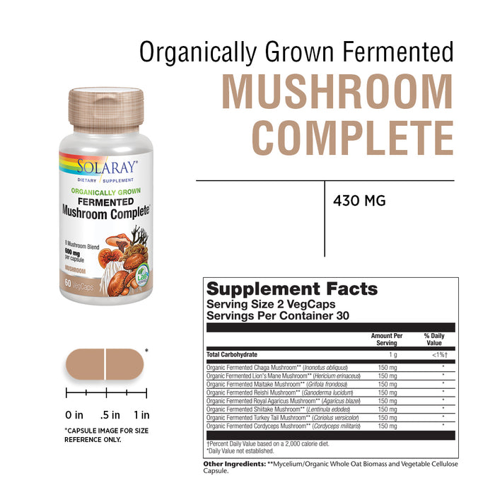 SOLARAY Fermented Mushroom Complete - Organic Chaga, Reishi, Shiitake, Cordyceps, Turkey Tail Mushroom, and Lions Mane Supplement Capsules - 8 Mushroom Supplement - 30 Servings, 60 VegCaps