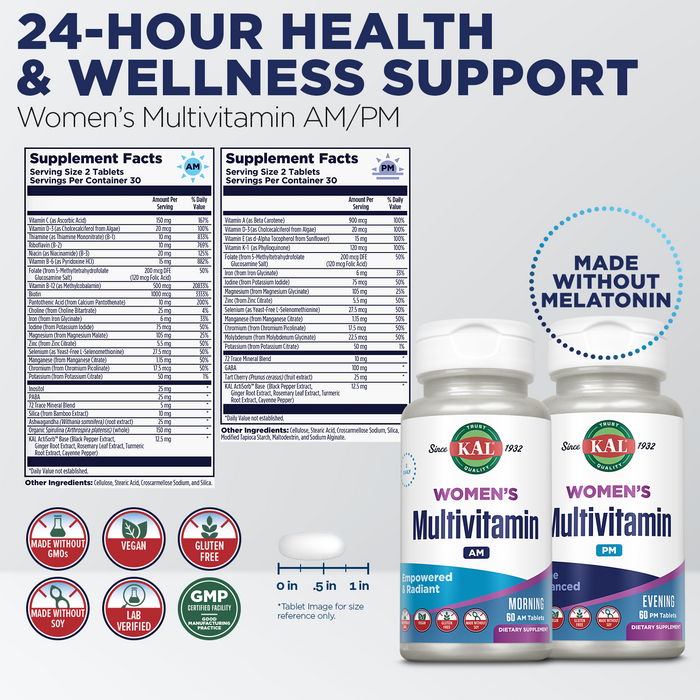 KAL Women's Multivitamin AM/PM, 2-in-1 Multivitamins for Women with Ashwagandha, Silica, Organic Spirulina, and GABA for Cellular Energy, Bone Strength, Immune Support, Vegan, 30 Servings, 120 Tablets