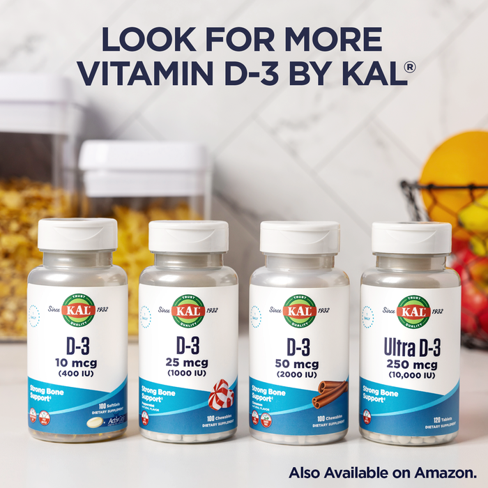 KAL Vitamin D3 400 IU Softgels (10 mcg), Active Form of Vitamin D, Calcium Absorption, Bone Health, Immune Support Supplement, Liquid Filled ActivGel, Made Without Soy, 100 Servings, 100 Softgels