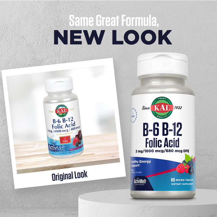 KAL B-6, B-12, and Folic Acid ActivMelt | Healthy Heart & Energy Support | Natural Berry Flavor | Superior Vitamin B Complex | 60 Micro Tablets