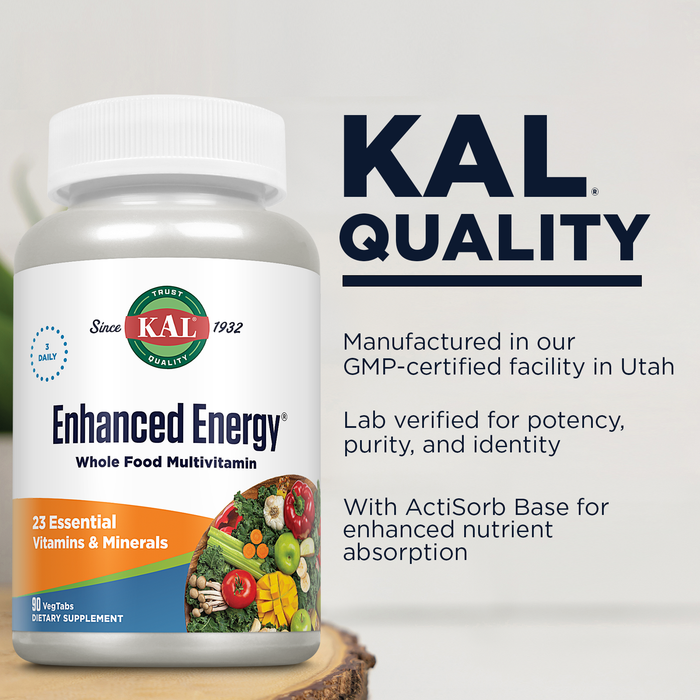 KAL Enhanced Energy Supplements, Whole Food Multivitamin with Iron for Women and Men, 23 Essential Vitamins and Minerals, Super Foods, Digestive Enzymes, 60-Day Guarantee, 30 Servings, 90 VegTabs