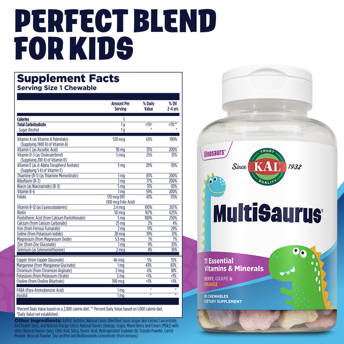 KAL MultiSaurus Kids Chewable Multivitamins, 11 Essential Vitamins and Minerals for Kids, Berry, Grape, Orange Chewables, Gluten and Fructose Free, 90 Servings, 90 Dinosaur-Shaped Chewables