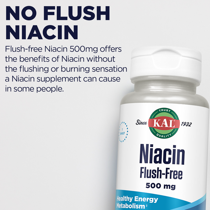 KAL Niacin 500mg Flush Free - Vitamin B3 Supplement - Metabolism and Energy Support - Skin, Nerve, Digestive Health and Circulation Support - Vegan Vitamin, 60-Day Guarantee, 60 Servings, 60 VegCaps