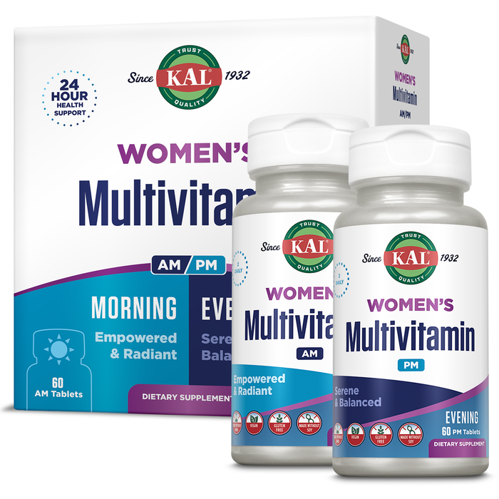 KAL Women's Multivitamin AM/PM, 2-in-1 Multivitamins for Women with Ashwagandha, Silica, Organic Spirulina, and GABA for Cellular Energy, Bone Strength, Immune Support, Vegan, 30 Servings, 120 Tablets