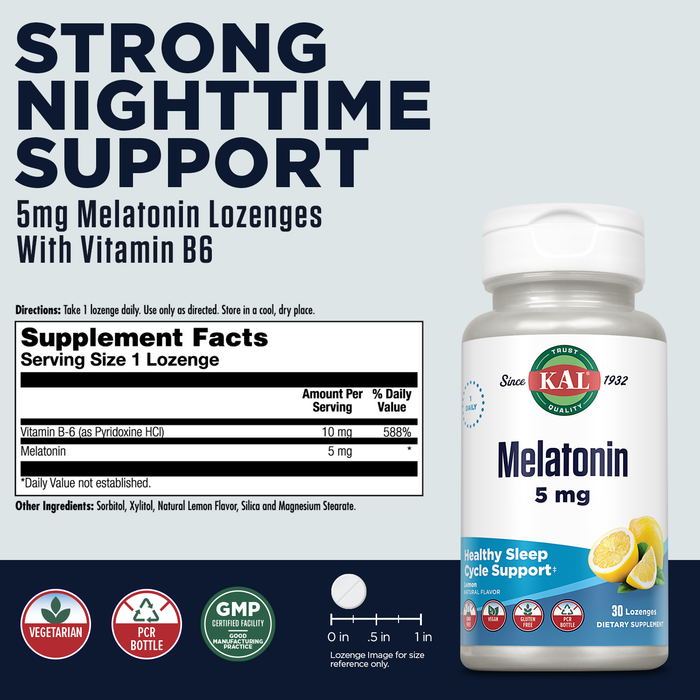 KAL Melatonin 5mg Sleep Aid Lozenges, Melatonin Supplement Supports Sleep Quality and Calming Relaxation with Added Vitamin B6, Vegetarian, Natural Lemon Flavor, 30 Lozenges