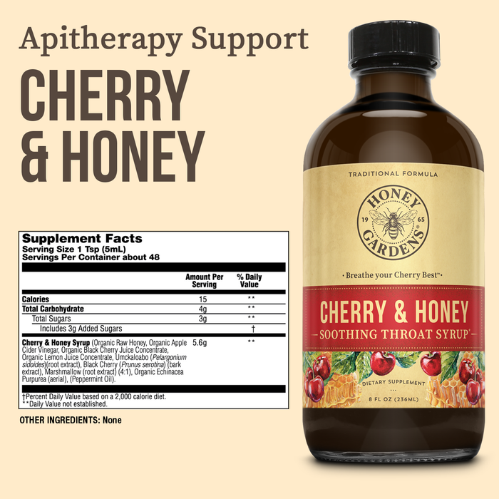 Honey Gardens Cherry & Honey Soothing Throat Syrup, Apitherapy Formula with Organic Raw Honey, Organic Apple Cider Vinegar, Black Cherry, and Herbal Extracts, 48 Servings, 8 FL. OZ.