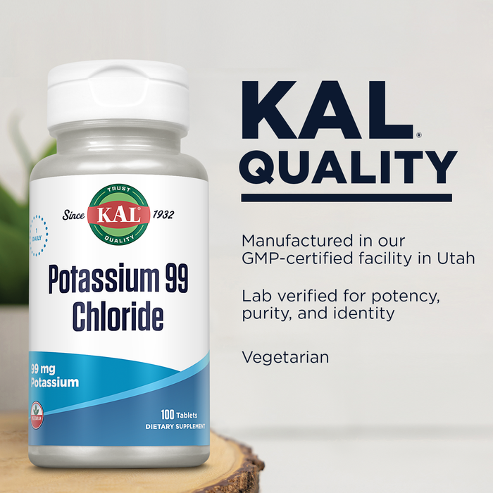 KAL Potassium Chloride 99mg | Nutritive Electrolyte Support for Bones, Heart, Muscles, Nerves | Fast Acting | 100ct