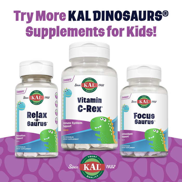 KAL MultiSaurus Kids Chewable Multivitamins, 11 Essential Vitamins and Minerals for Kids, Mixed Berry Flavor, Gluten and Preservative Free, 90 Servings, 90 Dinosaur-Shaped Chewables