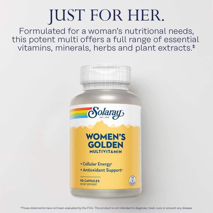 Solaray Women's Golden Multivitamin - Daily Vitamins and Minerals - Cellular Function, Energy and Immune Support w/ Vitamin A, Vitamin D, B Complex, Zinc - 60-Day Guarantee - 30 Servings, 90 Capsules