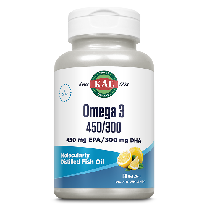 KAL Omega 3 Fish Oil 1,280mg 450/300 EPA DHA Supplements, Eye, Brain, Heart Health and Joint Support Supplement - With Natural Lemon Oil - Molecularly Distilled, 60-Day Guarantee, 30 Serv, 60 Softgels