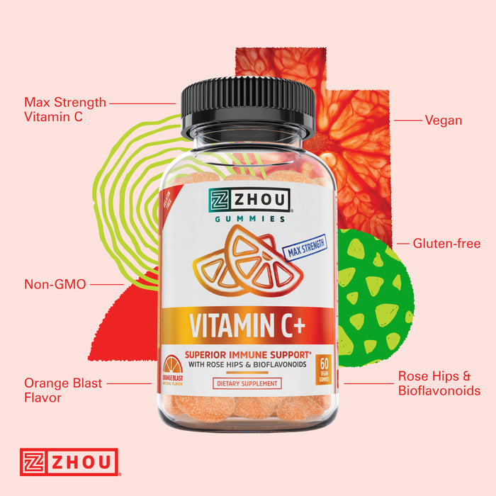 Zhou Nutrition Vitamin C+ Immune Support Gummies Max Strength with Rose Hips & Bioflavonoids, Non-GMO, Vegan, Gluten Free, Orange Blast Flavor, 60 Count