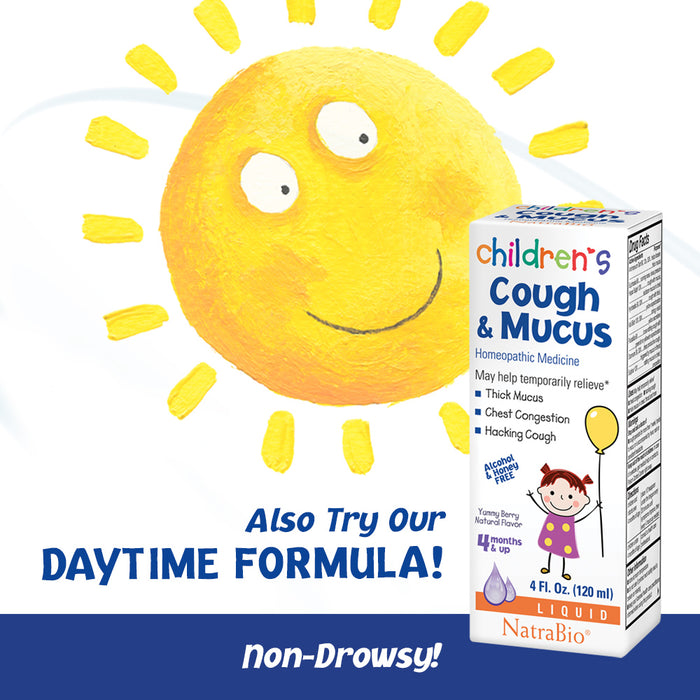 NatraBio Childrens Cough & Mucus Nighttime | Homeopathic Relief for Cough, Congestion | Ages 4+ Months | 4oz, 47 Serv.