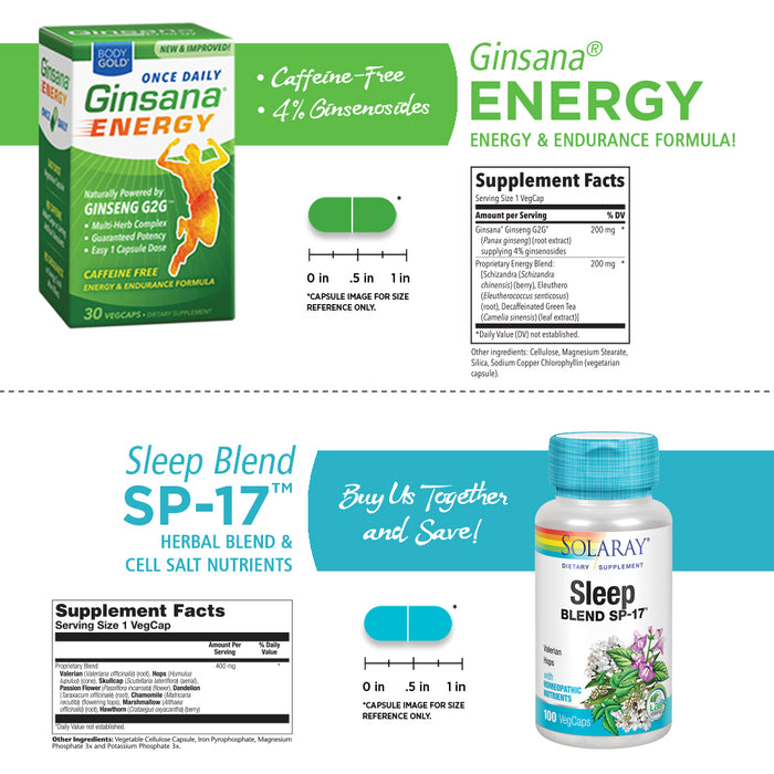 Solaray Sleep Blend SP-17 & Body Gold Ginsana Energy Bundle | Healthy Nighttime Sleep & Daytime Energy Support | 100 Sleep/30 Energy VegCaps