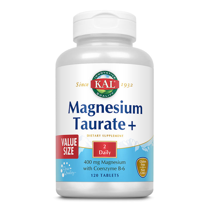 KAL Magnesium Taurate Plus 400mg w/ Coenzyme B6 | Highly Bioavailable, Chelated, Vegan (120 CT)