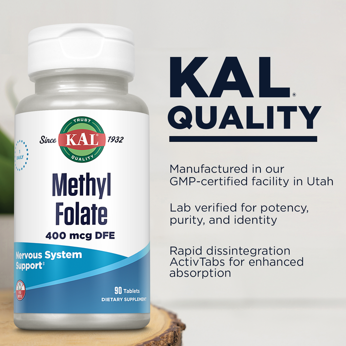 KAL Methyl Folate 400 mcg DFE, 5-MTHF Active Form Vitamin B9, Folic Acid Supplement, Heart Health, Prenatal, Mood and Brain Support, Fast Dissolving ActivTab, 60-Day Guarantee, 90 Servings, 90 Tablets