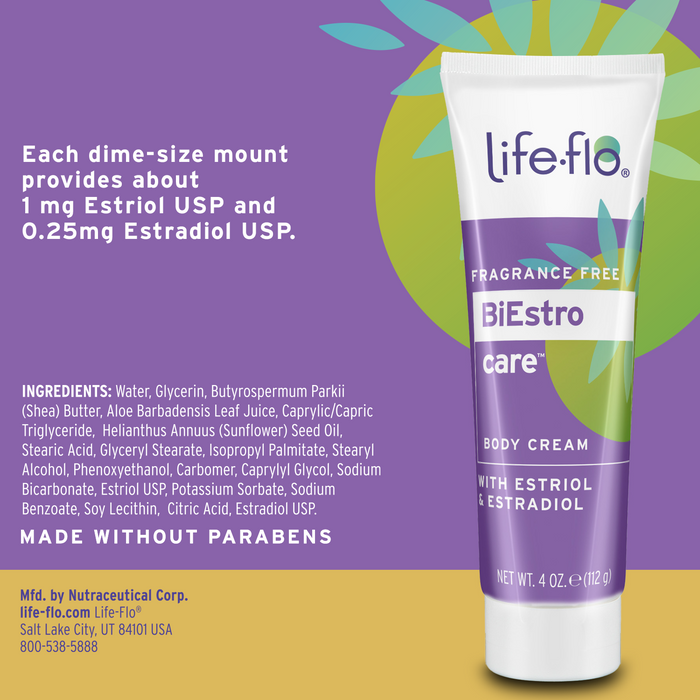 Life-flo BiEstro-Care Body Cream, Estriol and Estradiol Cream for Women at Midlife, Approx. 1 mg Estriol USP, 0.25 mg Estradiol USP, Made Without Parabens, Fragrance Free (4 oz)