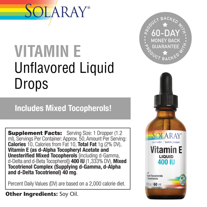 Solaray Vitamin E Drops 400IU | Unflavored w/ Mixed Tocopherols | Healthy Heart, Antioxidant Activity & Skin Support | Vegan | 2 fl oz