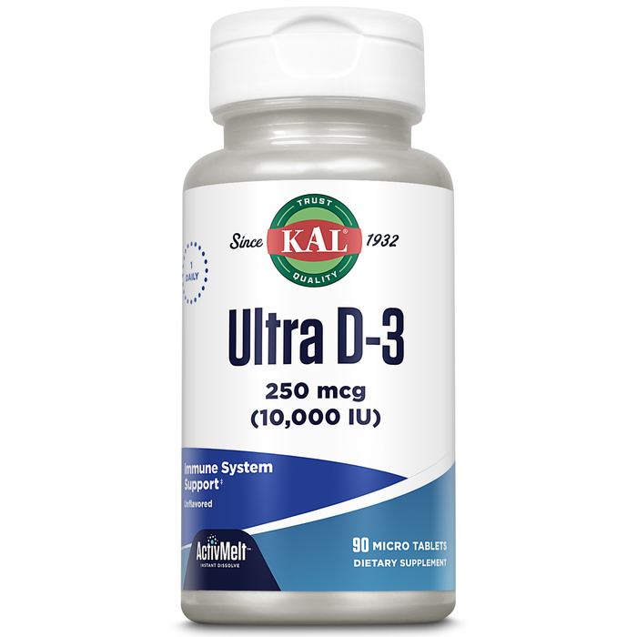 KAL Ultra Vitamin D3 250 mcg (10000 IU), High Potency Vitamin D, Calcium Absorption, Bone Health and Immune Support Supplement, Instant Dissolve, Unflavored ActivMelt, 90 Servings, 90 Micro Tablets