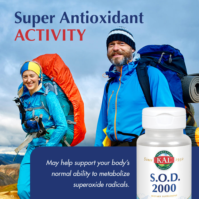 KAL S.O.D. 2000 | Superoxide Dismutase | Antioxidant Activity | Enteric Coated for Maximum Assimilation | Lab Verified | 50 Tablets