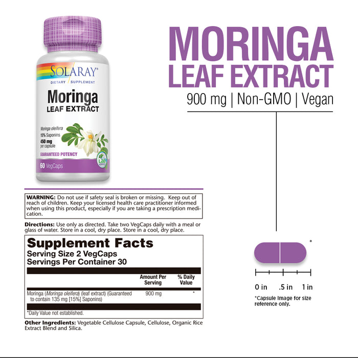 Solaray Guaranteed Potency Moringa Leaf Extract, Veg Cap (Btl-Plastic) 450mg | 60ct