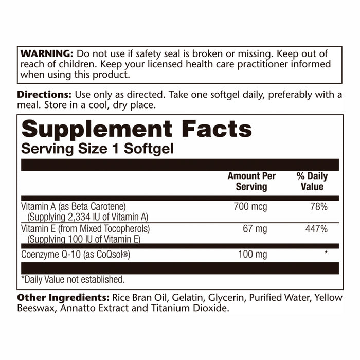 Solaray Bio CoQ-10 100 mg | Enhanced Absorption | Vitamins A & E | Healthy Heart & Cellular Energy Support (60 CT)