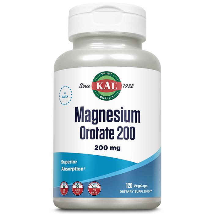 KAL Magnesium Orotate 200 mg For Nerve, Muscle, Heart, Relaxation Support Enhanced Bioavailability 30 Servings, 120 VegCaps