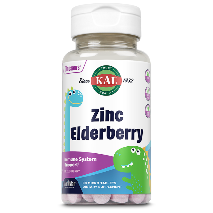 KAL Kids Elderberry Zinc Dinosaurs - Kids Immune Support Zinc Supplement w/ Sambucus Elderberry - Fast Dissolving Mixed Berry ActivMelts - Fun, Tasty Dino Shapes, Vegan, 90 Servings, 90 Micro Tablets