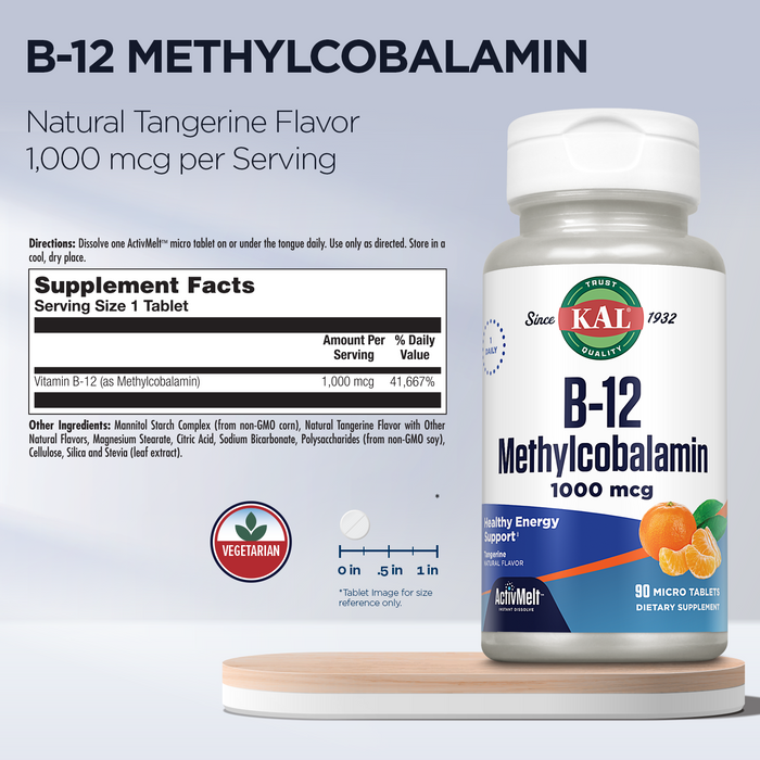 KAL Vitamin B12 Methylcobalamin 1000mcg, Healthy Energy, Metabolism, Nerve & Red Blood Cell Support,* Fast Dissolve ActivMelt, Optimal Absorption, Natural Tangerine Flavor, 90 Servings, 90 Micro Tabs