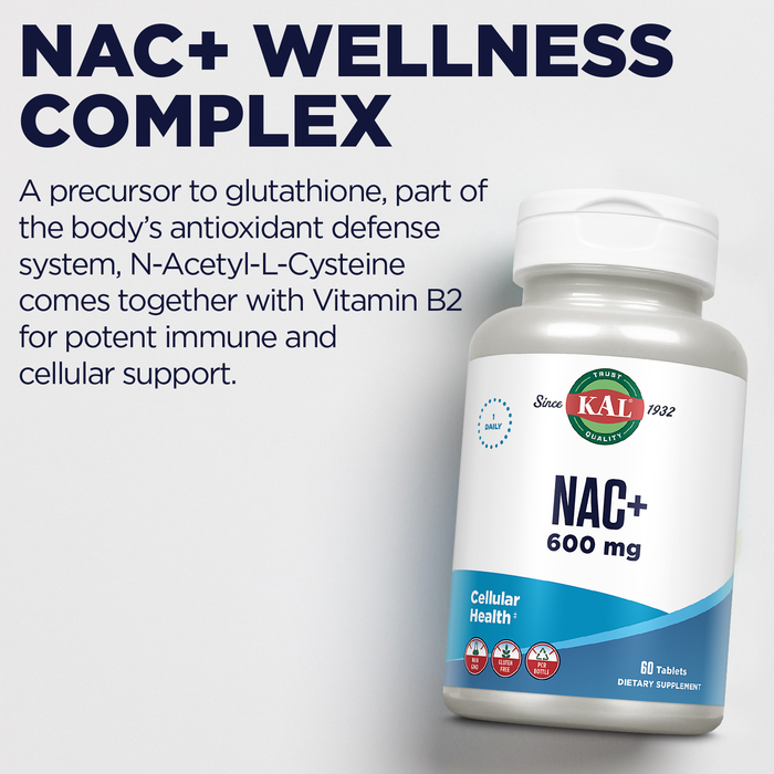 KAL NAC 600 mg Plus Riboflavin (Vitamin B2), N-Acetyl Cysteine NAC Supplement, Cellular Health and Immune Support, Gluten Free, Non-GMO, Rapid Disintegration, 60-Day Guarantee, 60 Servings, 60 Tablets