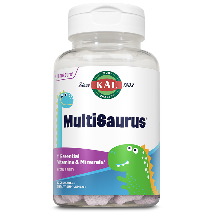 KAL MultiSaurus Kids Chewable Multivitamins, 11 Essential Vitamins and Minerals for Kids, Mixed Berry Flavor, Gluten and Preservative Free, 60 Servings, 60 Dinosaur-Shaped Chewables