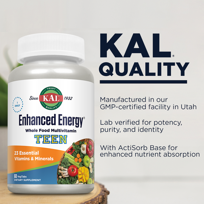 KAL Teens Enhanced Energy Supplements - Once Daily Whole Food Multivitamin w/ Iron - 23 Vitamins and Minerals - Brain and Immune Support w/ Super Foods - Vegetarian, 60-Day Guarantee, 60 Serv, 60 Tabs