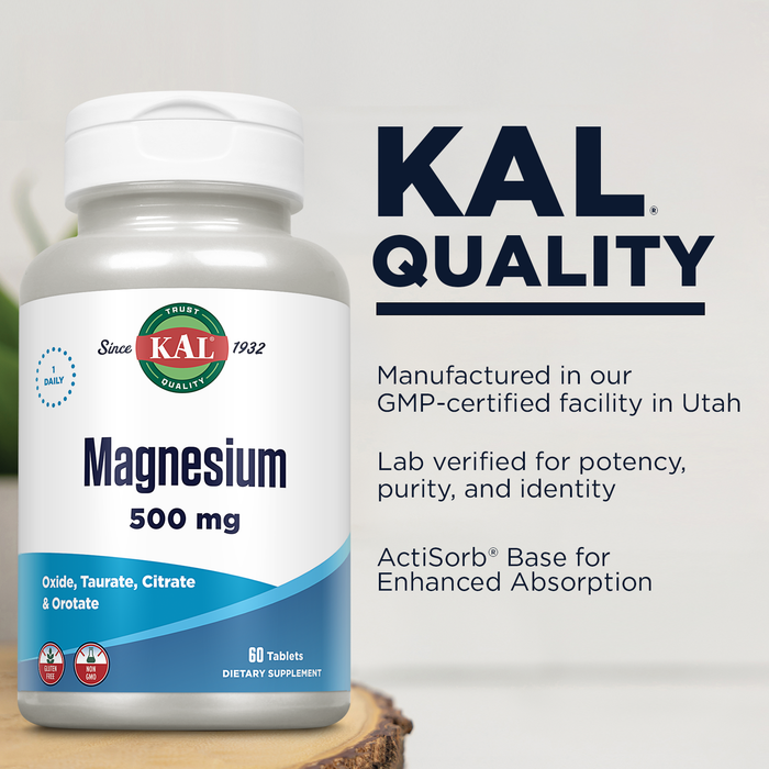 KAL Magnesium 500mg, Magnesium Supplement with Magnesium Citrate, Taurate, Oxide and Orotate Plus Amino Acids, Bone, Muscle, Heart Health Support, Enhanced Absorption, Vegetarian, 60 Serv, 60 Tablets