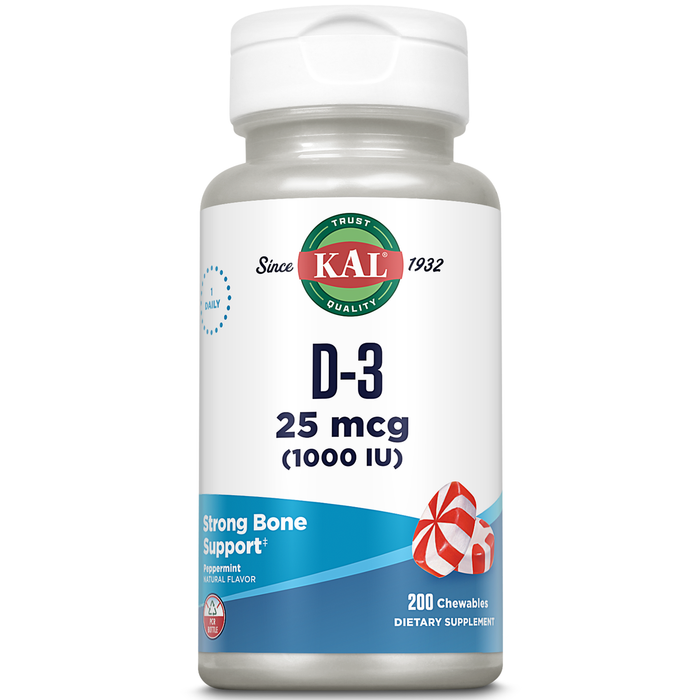 KAL Vitamin D3 1000 IU 25 mcg, Vitamin D Chewables, Calcium Absorption, Bone Health and Immune Support Supplement, Natural Peppermint Flavor, Sweetened with Xylitol, 200 Servings, 200 Chews