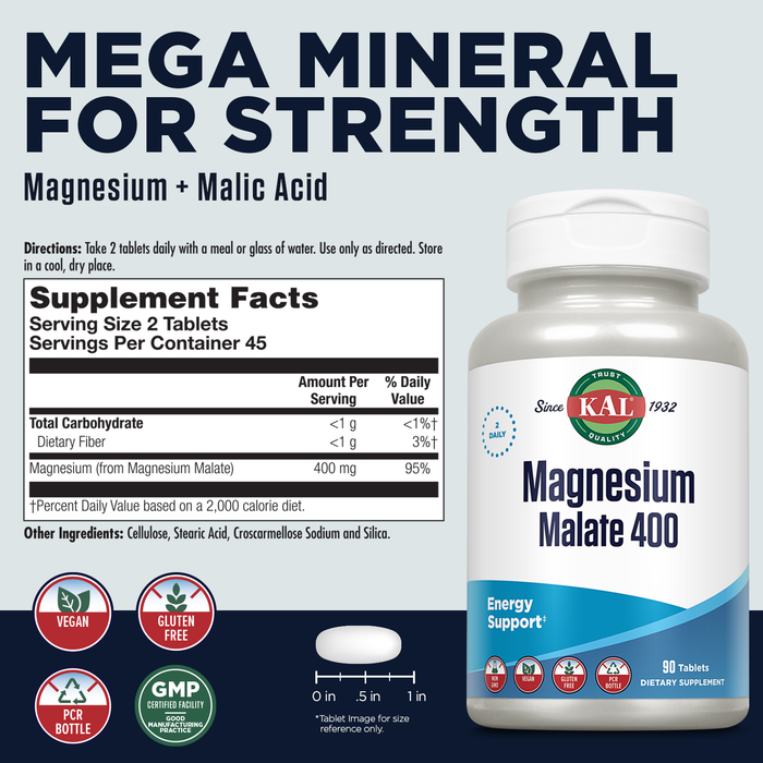 KAL Magnesium Malate 400mg, Chelated Magnesium Supplement with Malic Acid, Healthy Energy & Muscle Function Support, Enhanced Absorption, Vegan, Non-GMO, 45 Servings, 90 Veg Tabs