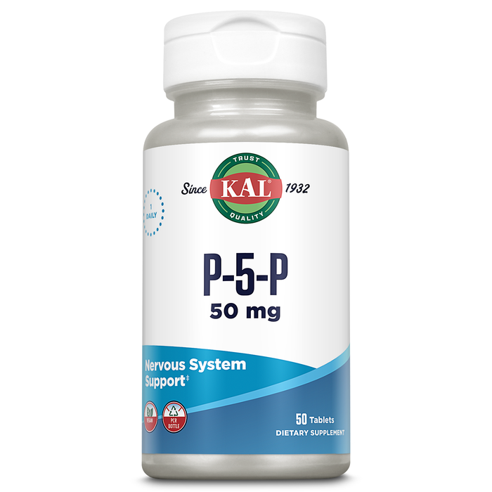 KAL P-5-P Vitamin B6 50mg - Pyridoxal 5 Phosphate - Nervous System Supplements - Red Blood Cell Synthesis and Nerve Support - Enteric Coated - Vegan, 60-Day Guarantee - 50 Servings, 50 Tablets